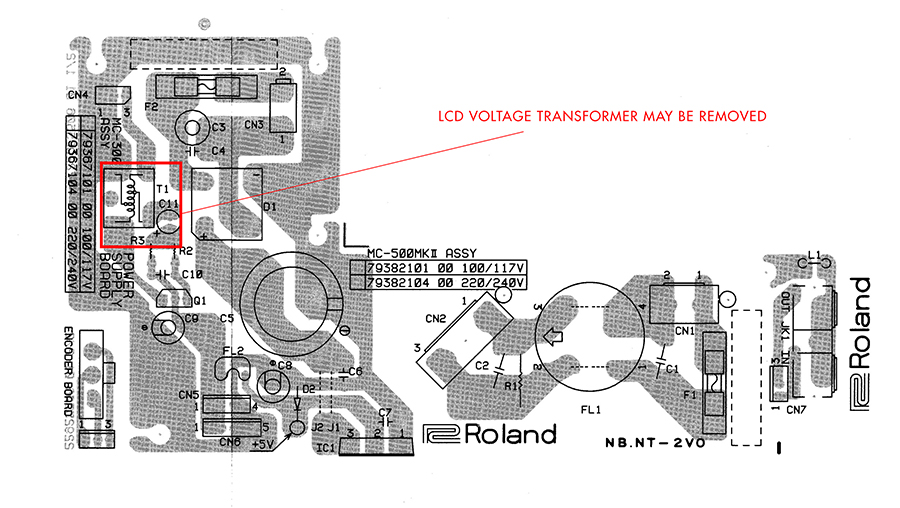 A schematic of the Roland MC-500 power supply board